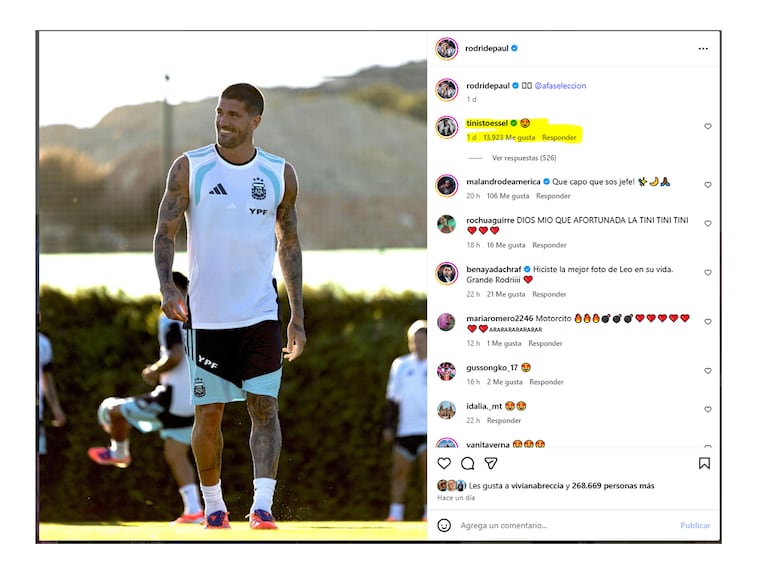 La foto de Rodrigo de Paul y la reacción de Tini Stoessel.