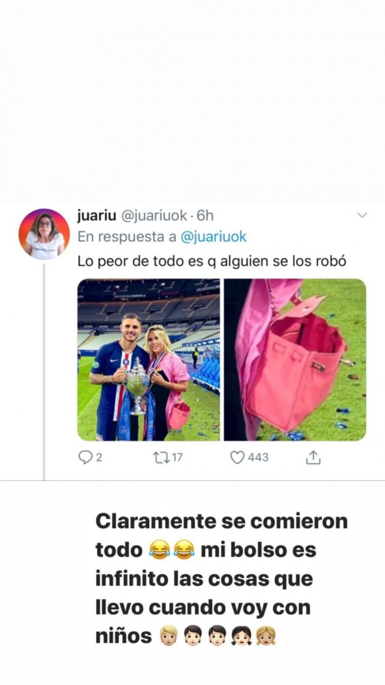La foto de Wanda Nara que borró ¡cuando repararon en un particular detalle en su cartera!: "Tenía caramelos y galletitas para mis hijos"