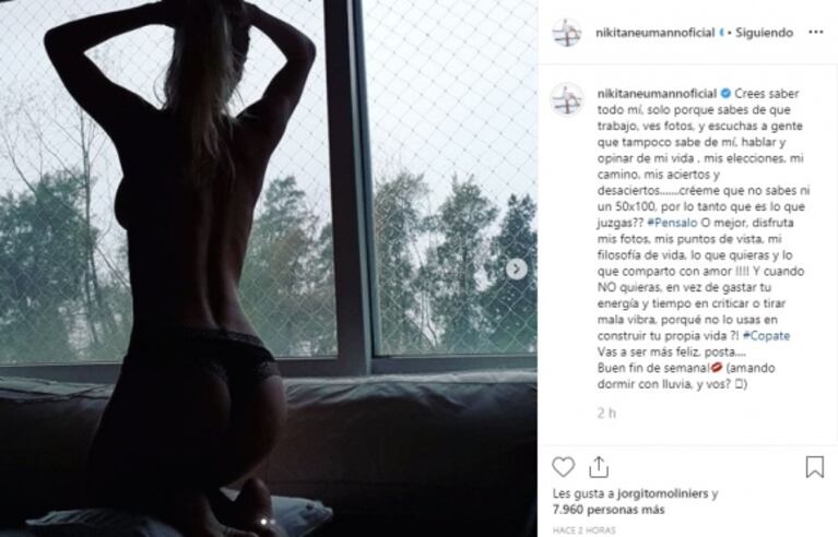 La foto en topless de Nicole Neumann con un profundo descargo en Instagram: "¿Qué es lo que juzgás?"