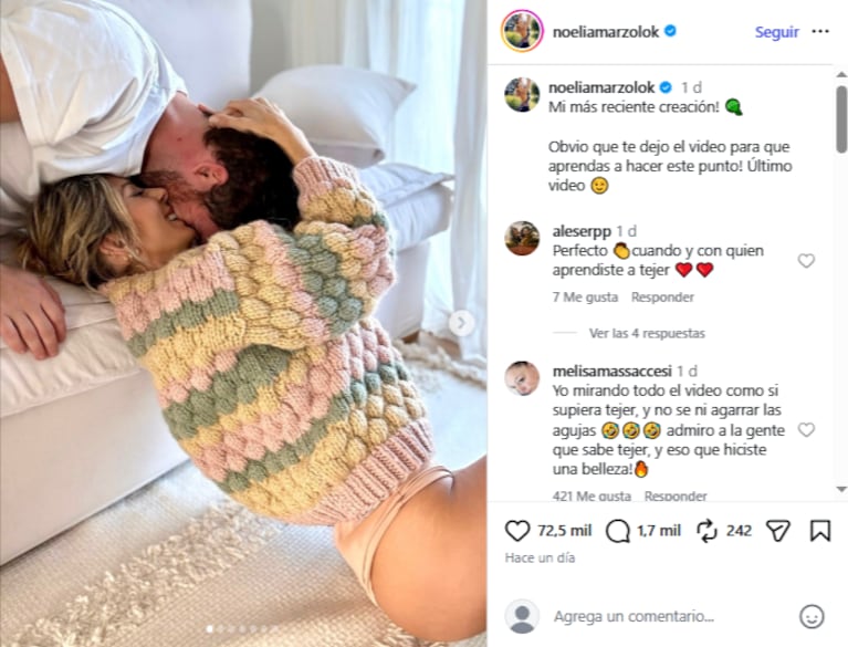 La foto íntima de Noelia Marzol con su marido y el sweater artesanal que hizo con sus propias manos.  Crédito: Instagram