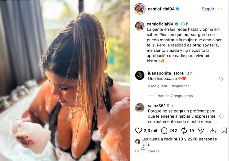La foto súper sensual de Camilota con una profunda reflexión. Crédito: Instagram