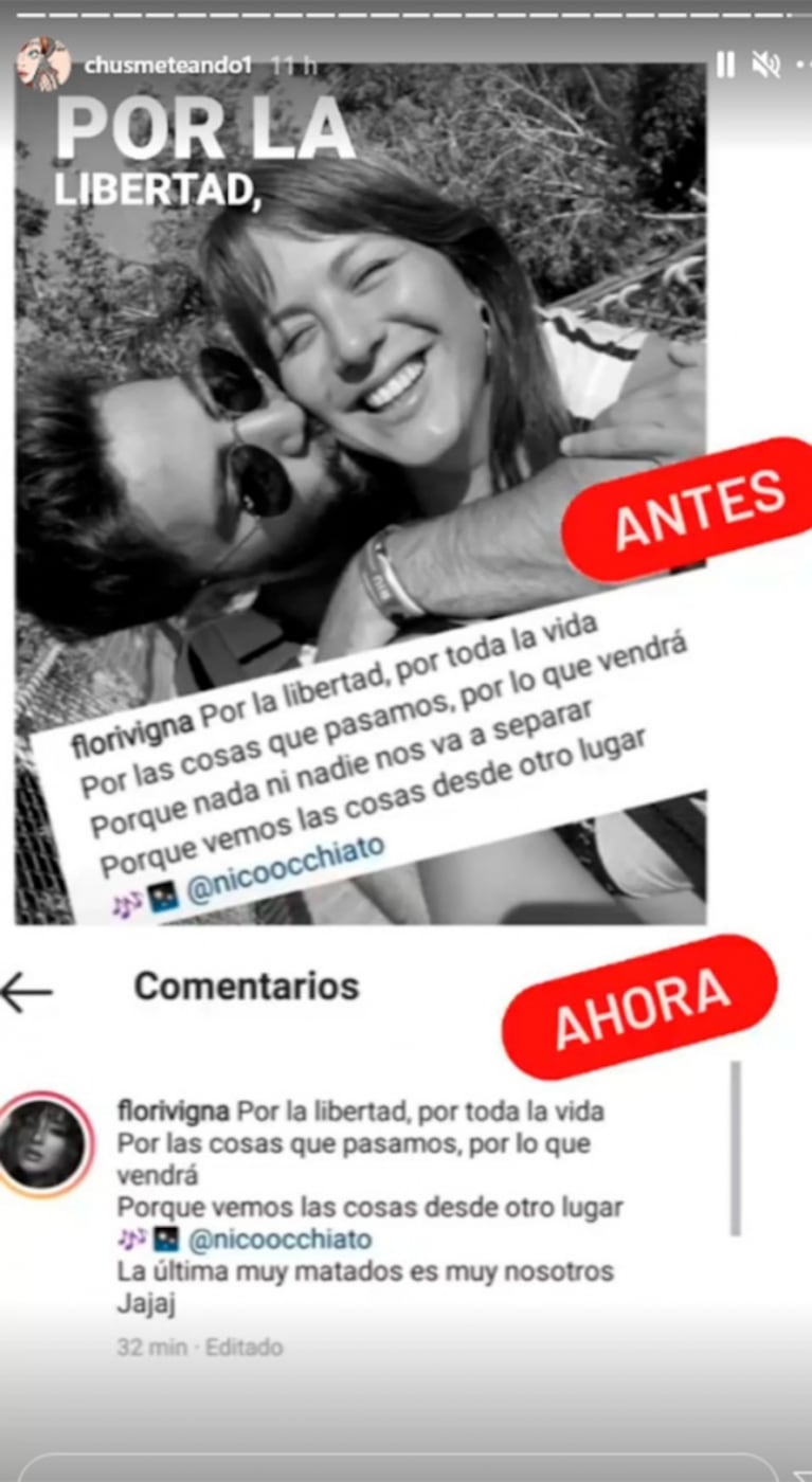 La frase súper romántica que Flor Vigna le dedicó a Nico Occhiato ¡y después borró!": "Nada ni nadie nos va a separar"