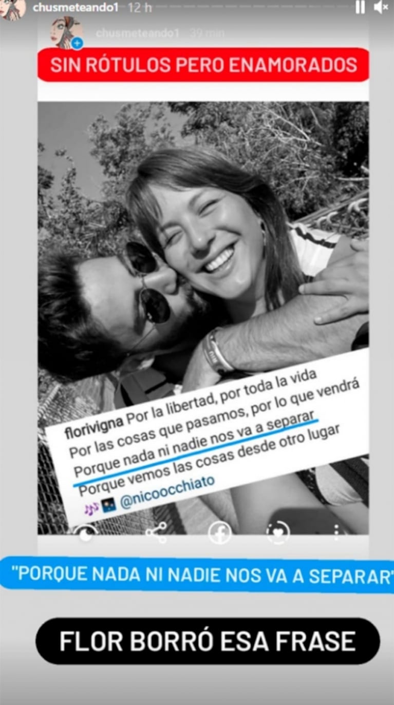 La frase súper romántica que Flor Vigna le dedicó a Nico Occhiato ¡y después borró!": "Nada ni nadie nos va a separar"