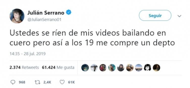 La fulminante respuesta de Julián Serrano a quienes lo cargan por sus videos