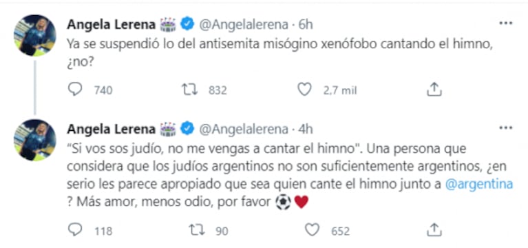 La furia de Ángela Lerena contra Ricardo Iorio: "¿Ya se suspendió lo del antisemita y misógino cantando el himno?"
