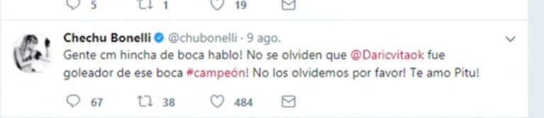 La furia de Chechu Bonelli en Twitter por las críticas a Darío Cvitanich: "¡Cuánto cabeza de termo que hay!"