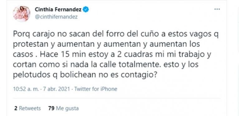 La furia de Cinthia Fernández en plena calle: "¿Por qué carajo no sacan a estos vagos que aumentan los casos de covid?"