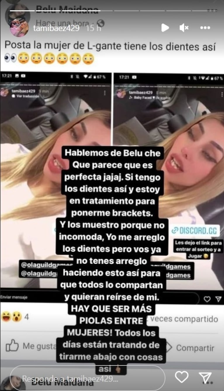 La furia de Tamara Báez con una usuaria que criticó sus dientes: "Yo me los arreglo, pero vos ya no lo tenés"