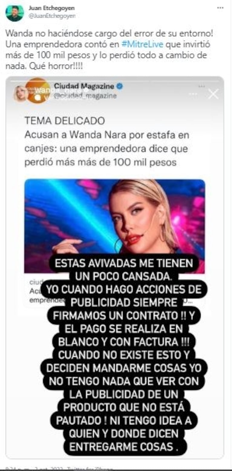 La furia de Wanda Nara contra una emprendedora que la acusó de estafa: "Estas avivadas me tienen cansada"