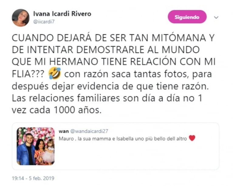 La furiosa reacción de Ivana Icardi a un posteo de Wanda sobre Mauro: "Cuando dejará de ser tan mitómana"