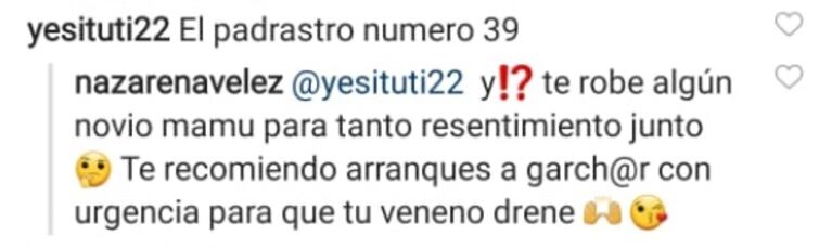 La furiosa respuesta de Nazarena Vélez a una hater que tildó de padrastro "número 39" a su novio: "Mamu, ¿te robé algún novio?"