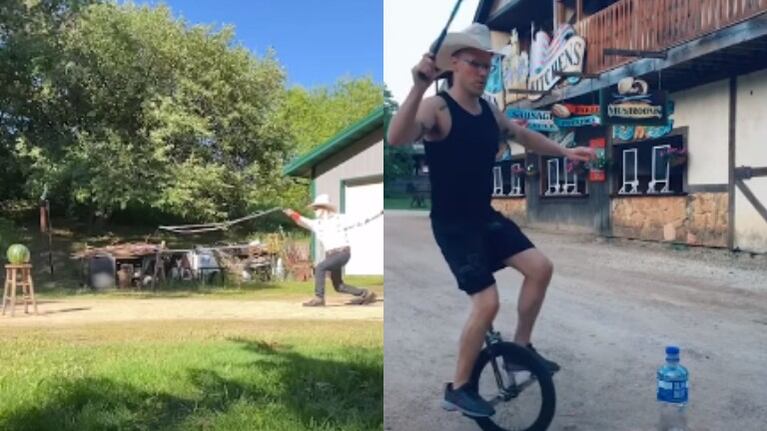 La habilidad de este hombre con el látigo es tal que es capaz de acertar a un grano de sal en el tapón de una botella