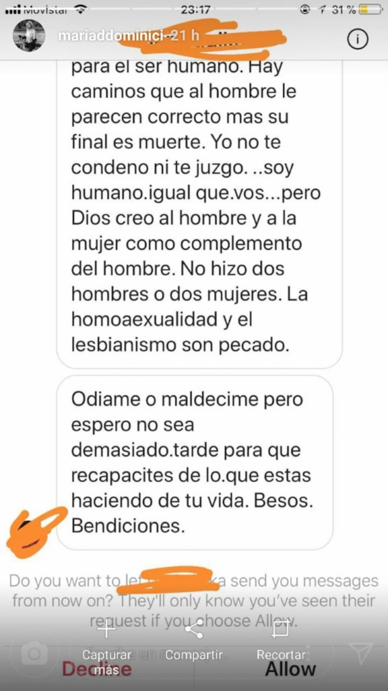 La hermana actriz de Eva de Dominici reveló los insólitos mensajes que recibe en Instagram tras contar que sale con una chica