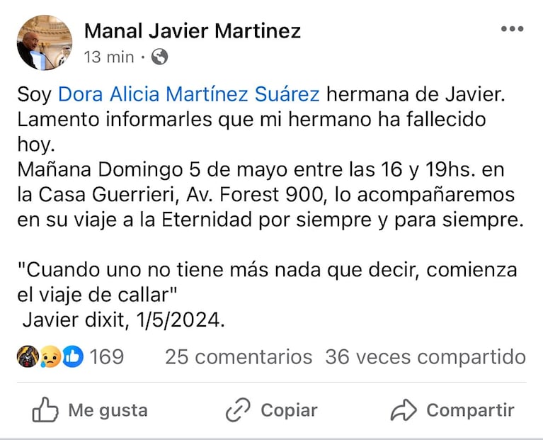 La hermana de Javier Martínez confirmó su fallecimiento en redes sociales.
