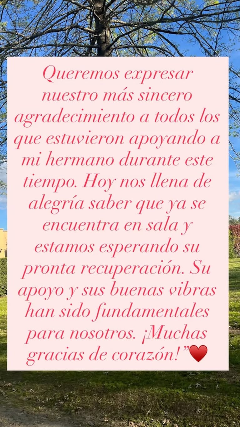 La hermana de Thiago Medina habló con emoción sobre su recuperación: “Estamos felices”. Crédito: Instagram