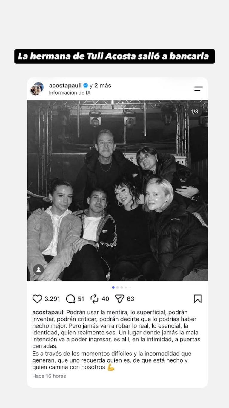 La hermana de Tuli Acosta rompió el silencio y salió a defenderla en medio del escándalo con La Joaqui y Luck Ra. Crédito: Instagram