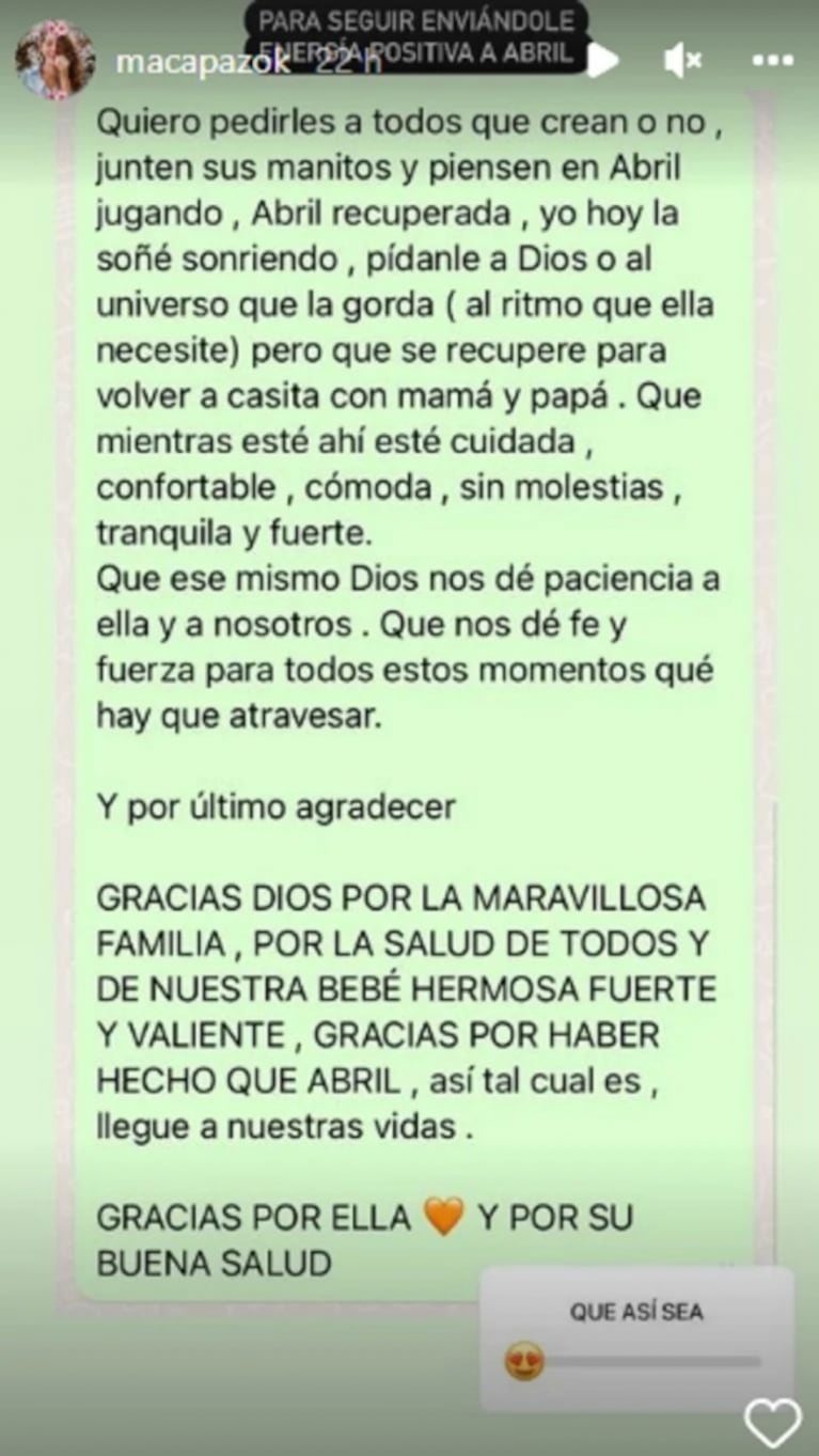  La hija de Macarena Paz volvió a ser internada: la actriz pidió que recen por Abril