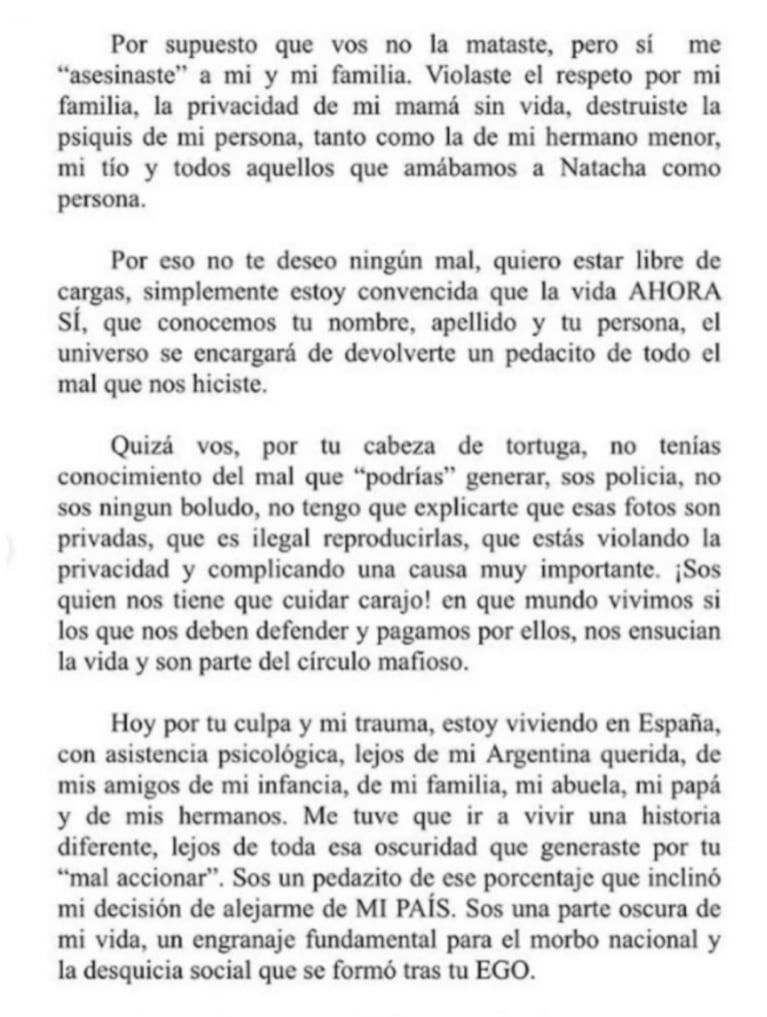 La hija de Natacha Jaitt, fuerte contra el policía que filtró la foto de su mamá tras su muerte: "Por tu culpa estoy con asistencia psicológica"