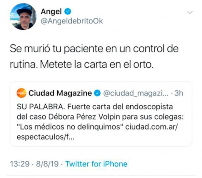 La indignación de Ángel de Brito por la carta del endoscopista del caso de Débora Pérez Volpin