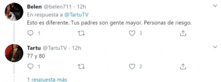La indignación de Tartu en cuarentena: “Yo no puedo comer con mis viejos de 80 años, pero en TV comen con amigos” 