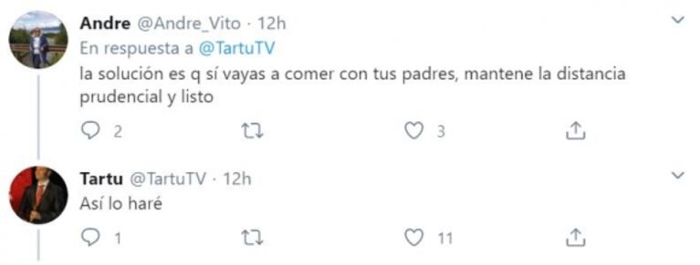 La indignación de Tartu en cuarentena: “Yo no puedo comer con mis viejos de 80 años, pero en TV comen con amigos” 