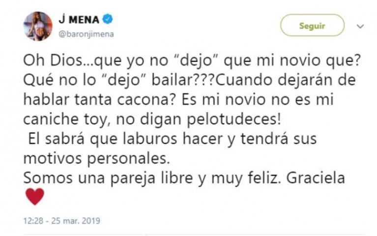 La indignada respuesta de Jimena Barón a la versión de que le prohibió a Mauro Caiazza estar en Bailando 2019