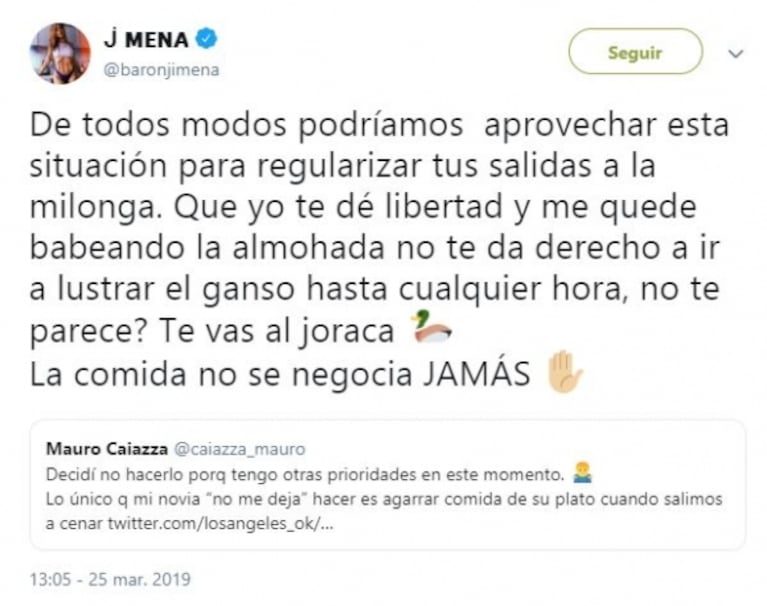 La indignada respuesta de Jimena Barón a la versión de que le prohibió a Mauro Caiazza estar en Bailando 2019