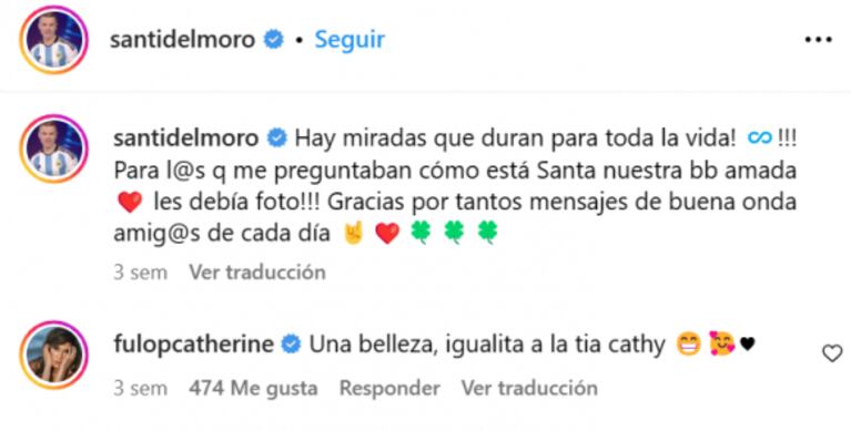 La inesperada reacción de Cathy Fulop a la tierna foto que Santiago del Moro compartió de su beba Santa
