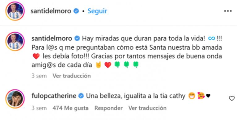 La inesperada reacción de Cathy Fulop a la tierna foto que Santiago del Moro compartió de su beba Santa