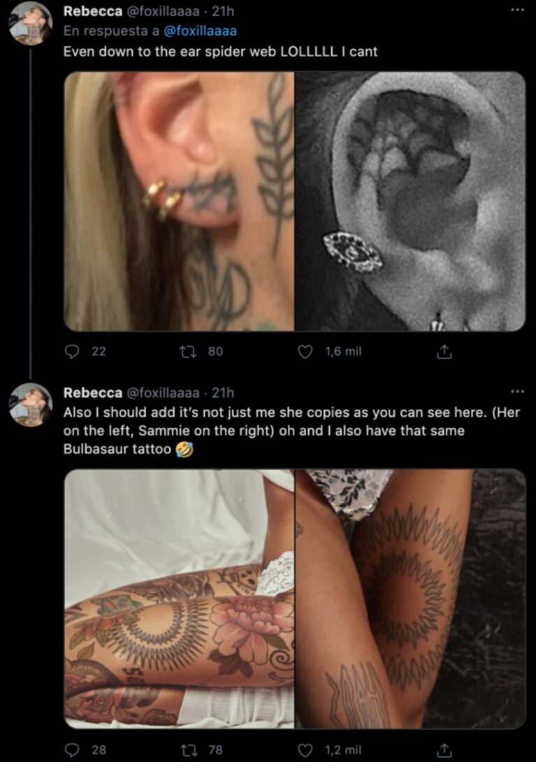 La influencer inglesa Rebecca Fox asegura que Cande Tinelli le copió su estilismo y sus tatuajes: "Literalmente clonó mi vida"