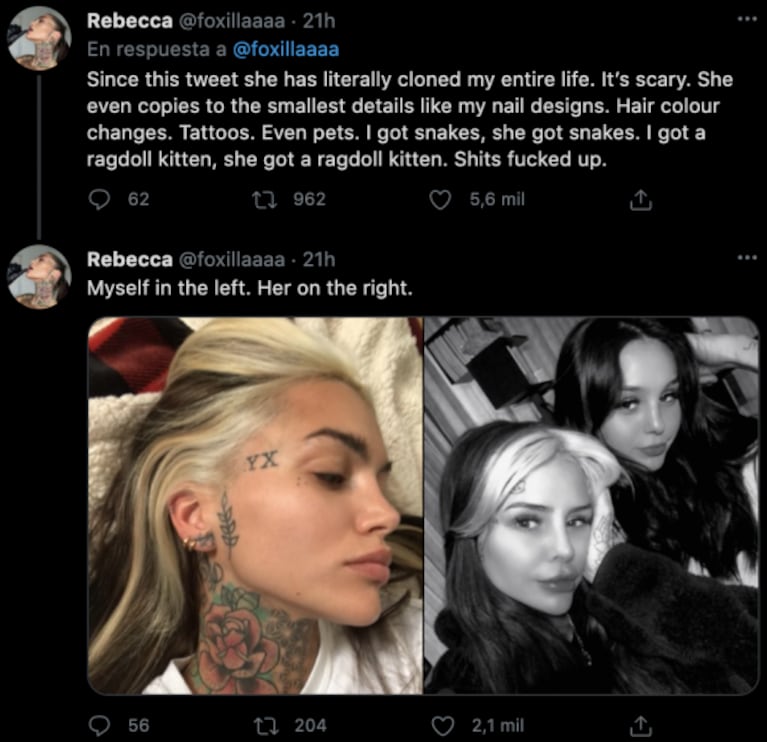 La influencer inglesa Rebecca Fox asegura que Cande Tinelli le copió su estilismo y sus tatuajes: "Literalmente clonó mi vida"