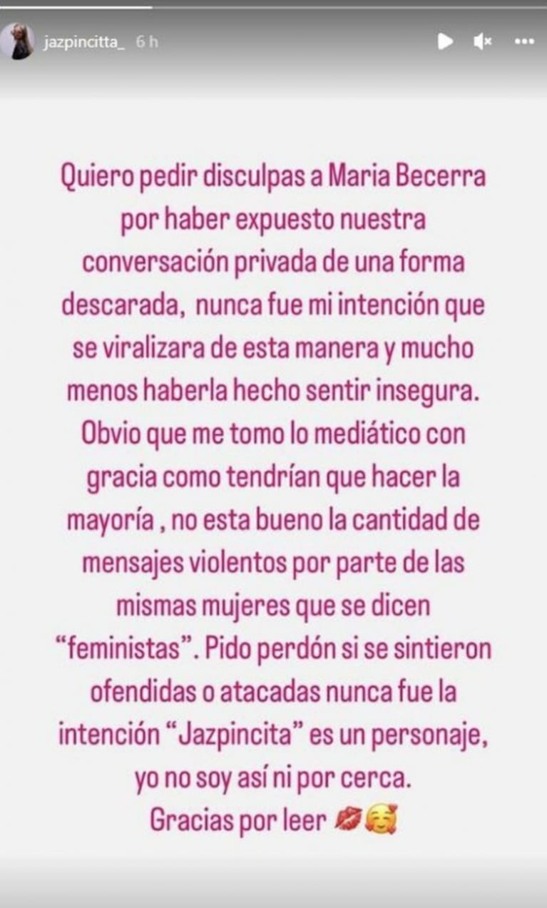 La influencer que filtró la explosiva charla privada con María Becerra pidió perdón: "Fue descarado"