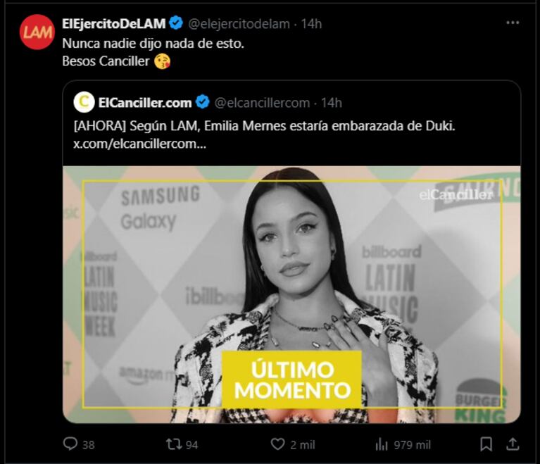 La insólita aclaración de Ángel de Brito tras instalar el rumor de embarazo de Emilia Mernes