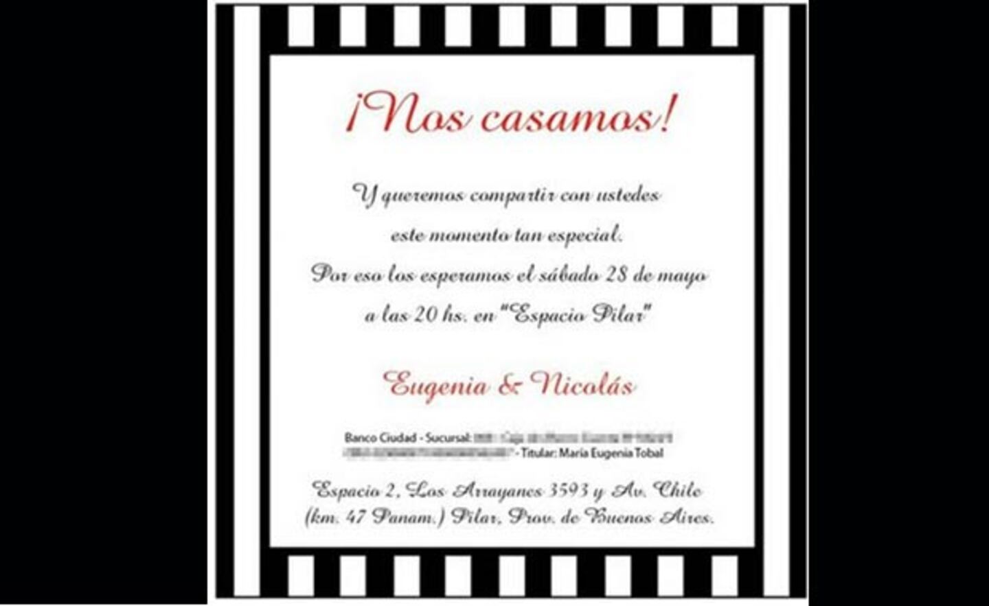 La invitación al casamiento de Nicolás Cabré y María Eugenia Tobal. (Foto: Web)