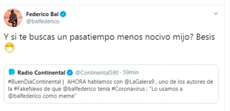 La irónica reacción de Fede Bal con la persona que inventó que tenía coronavirus: "¿Y si te buscás…?"