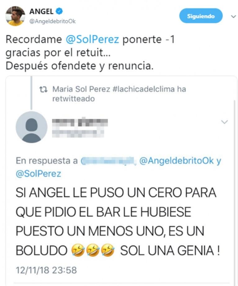 La irónica respuesta de Ángel de Brito al ver un picante retweet de Sol Pérez en su contra