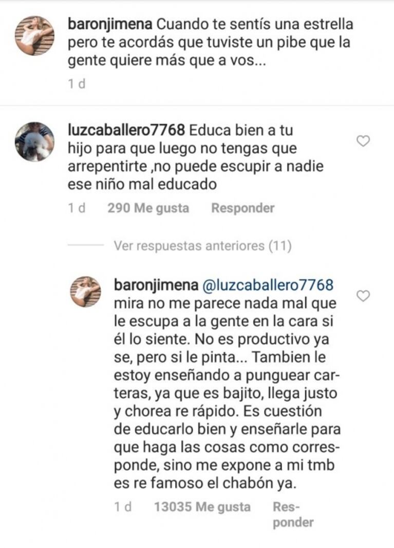 La irónica (y festejada) respuesta de Jimena Barón a una seguidora que tildó a su hijo de "maleducado"