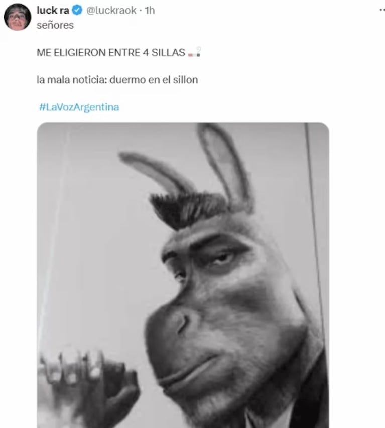 La Joaqui reaccionó con celos a un momento de Luck Ra en La Voz Argentina: “Duermo en el sillón”. CRÉDITO: X/@luckraok.