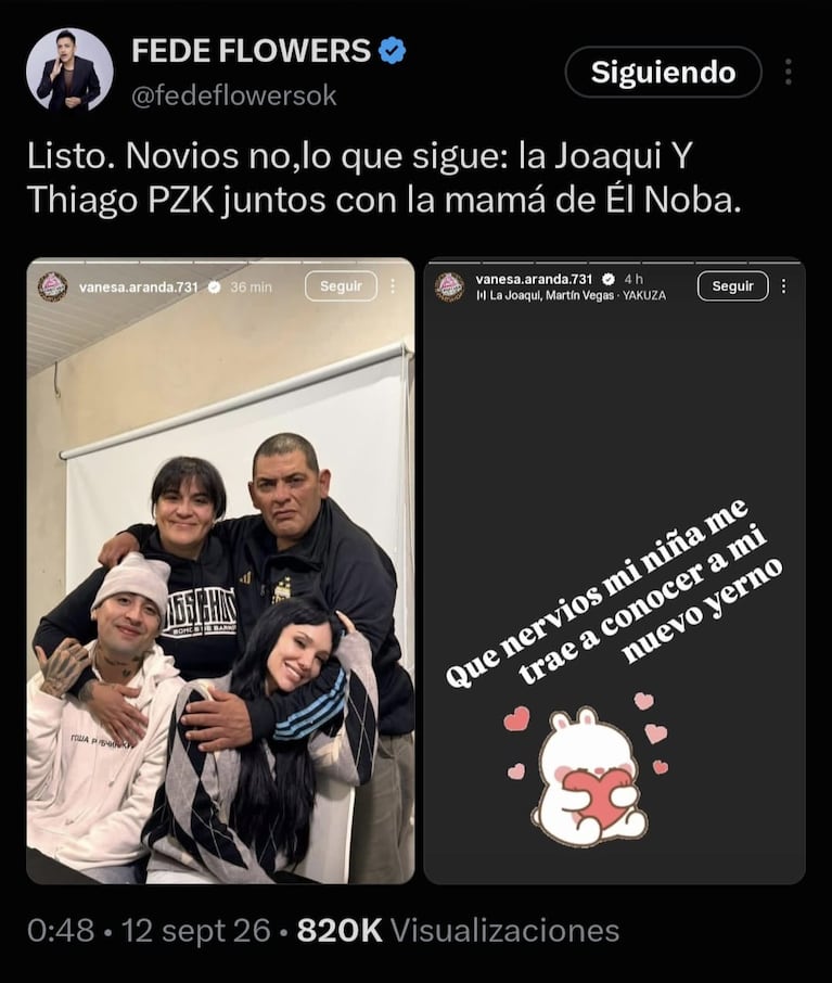 La Joaqui y Tiago PZK con la madre de El Noba (Foto: captura de X/@fredeflowersok).