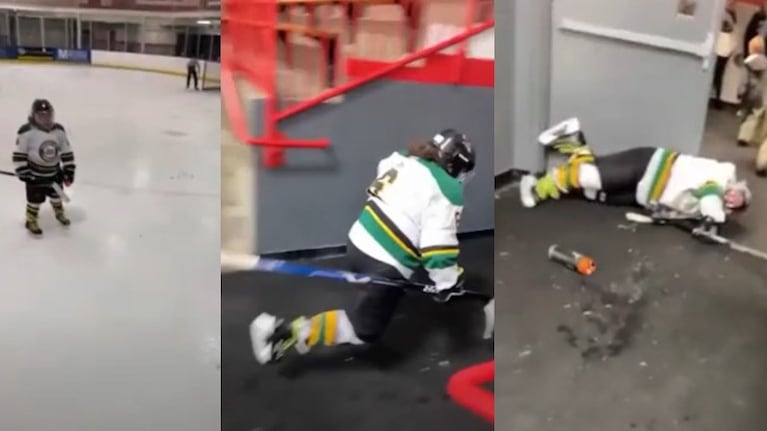 La jugadora de hockey grabó el gracioso momento en el que un compañero salió despedido por la puerta