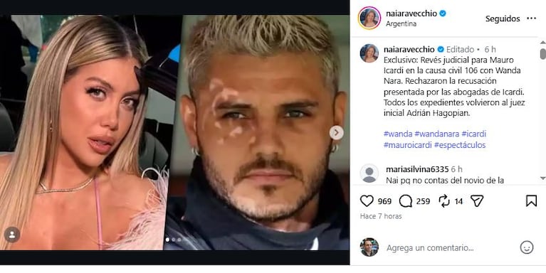 La Justicia falló contra Icardi y el conflicto con Wanda Nara suma tensión (Foto: Instagram @naiaravecchio)