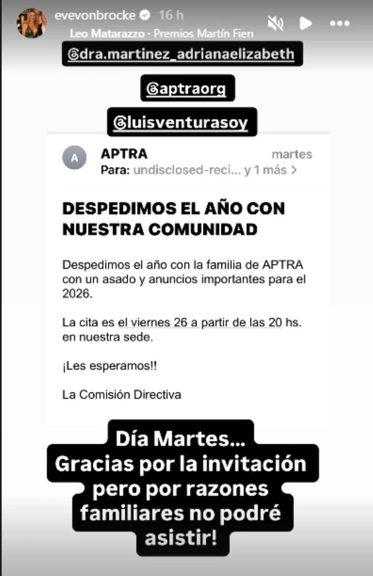 La letal ironía de Evelyn von Brocke contra Aptra. Crédito: Instagram