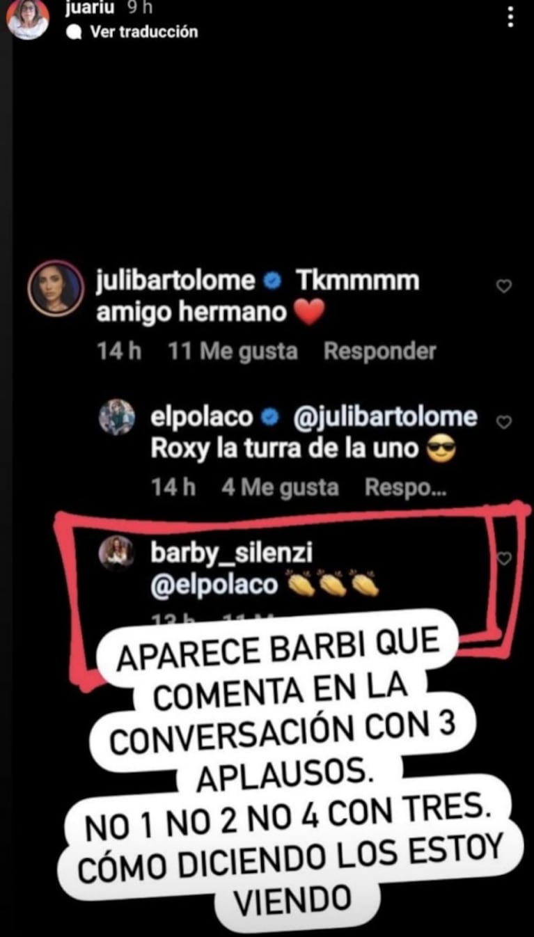 La llamativa reacción de Barby Silenzi al ver un ida y vuelta del Polaco con Juli Bartolomé : "Te quiero mucho, amigo hermano"