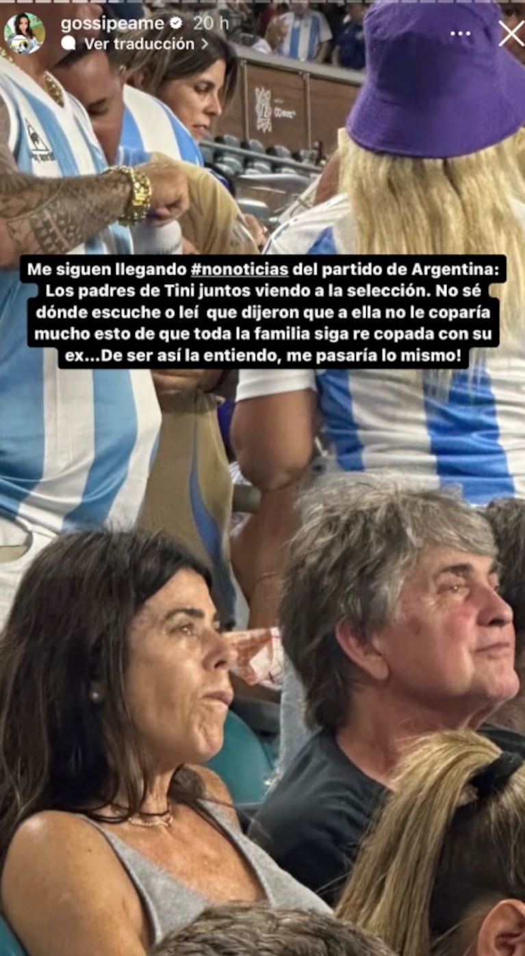 La madre y el padre de Tini Stoessel mirando el partido en Miami.