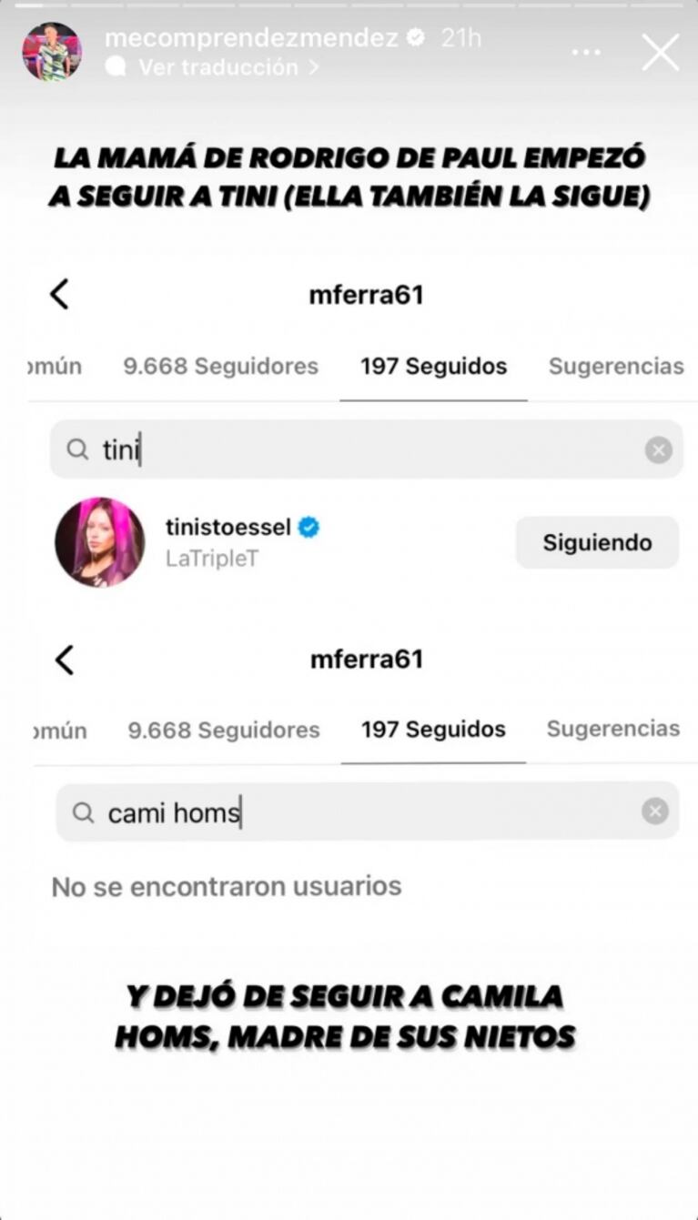 La mamá de Rodrigo de Paul tuvo un gesto con Tini Stoessel: dejó de seguir a Cami Homs en Instagram pero dejó una puerta abierta