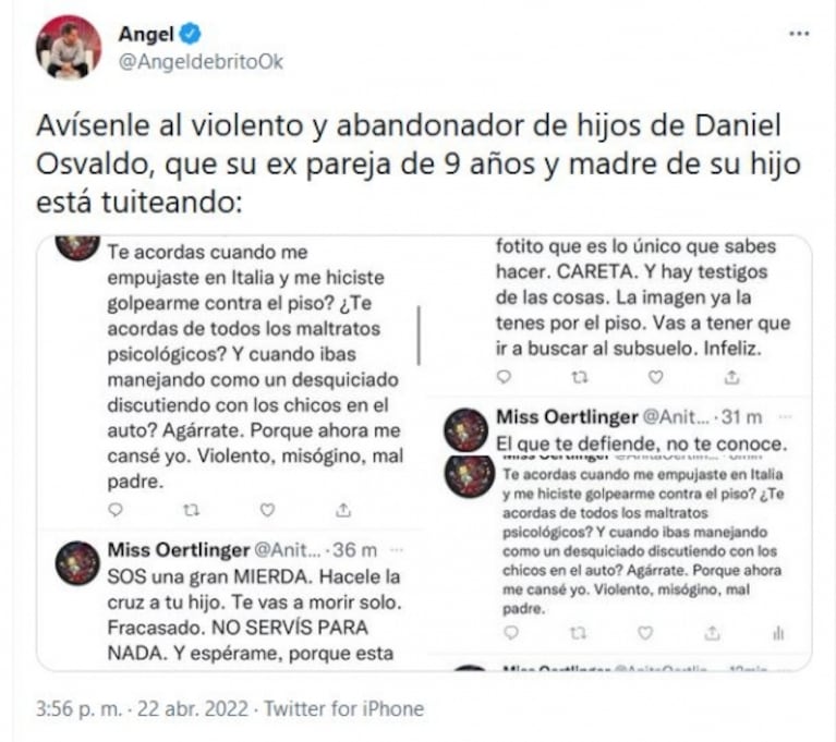 La mamá del hijo mayor de Daniel Osvaldo lanzó furiosos mensajes: "Violento, misógino, mal padre"