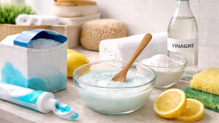 La mezcla para limpiar el inodoro usa vinagre blanco, bicarbonato de sodio y detergente en polvo. Foto: IA