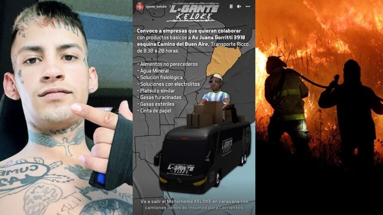 La movida solidaria de L-Gante en medio de la catástrofe por los incendios en Corrientes (Fotos: Capturas de Instagram Stories y Web)