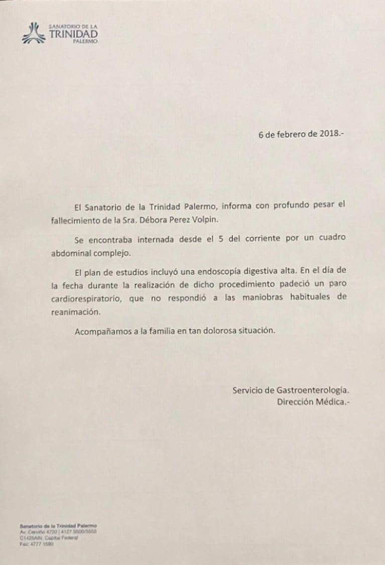 La muerte de Débora Pérez Volpin: el parte médico del Sanatorio de la Trinidad