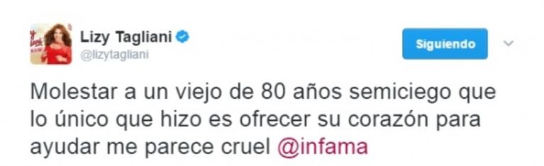 La nota de Infama con el padre del corazón de Lizy Tagliani que la enojó: "Me parece cruel molestar a un viejo de 80 años, semiciego, que lo único que hizo es ofrecer su corazón para ayudar"